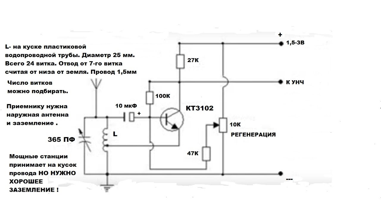 КВ РЕГЕНЕРАТИВНЫЙ АМ РАДИОПРИЕМНИК НА ТРАНЗИСТОРЕ  КТ3102