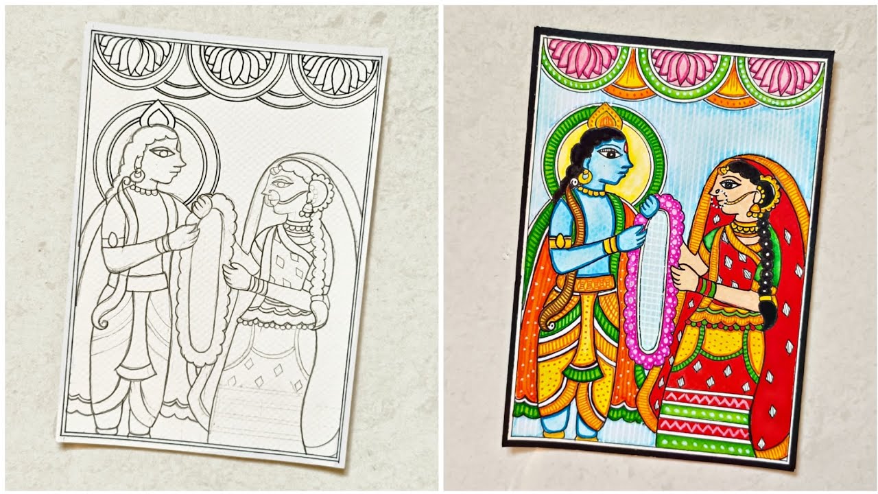How to Draw Madhubani Ram Sita Vivah Artwork | How to Draw Madhubani Art | Ram And Sita Mithila Art