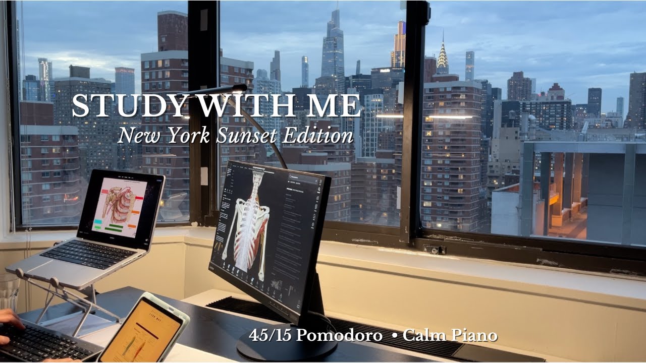 3 Hour Study Anatomy With Me Until Sunset in New York | Calm Original Piano 🎹| 45/15 Pomodoro