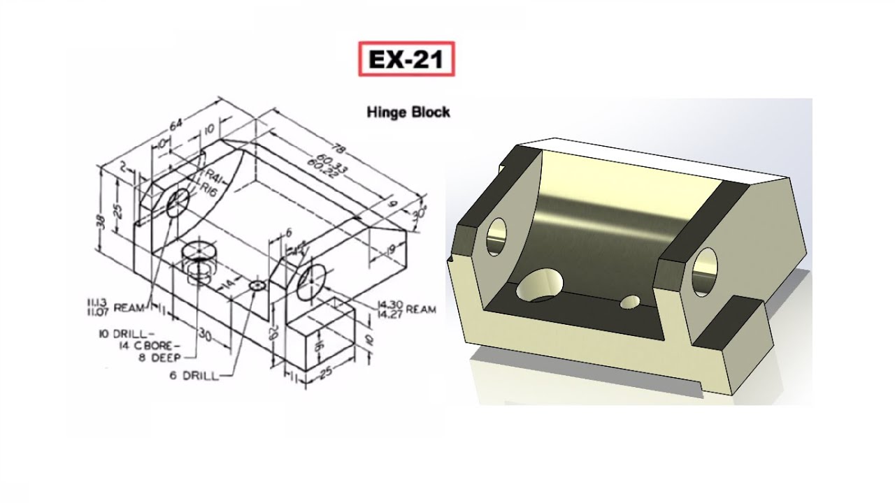 Solidworks tutorial of Ex 21 Hinge Block Geometric 3D Shape from the second assignment of LernVern