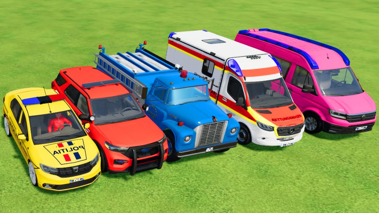 POLICE CARS, FIRE DEPARTMENT, AMBULANCE VEHICLES TRANSPORTING WITH TRUCKS ! Farming Simulator 25
