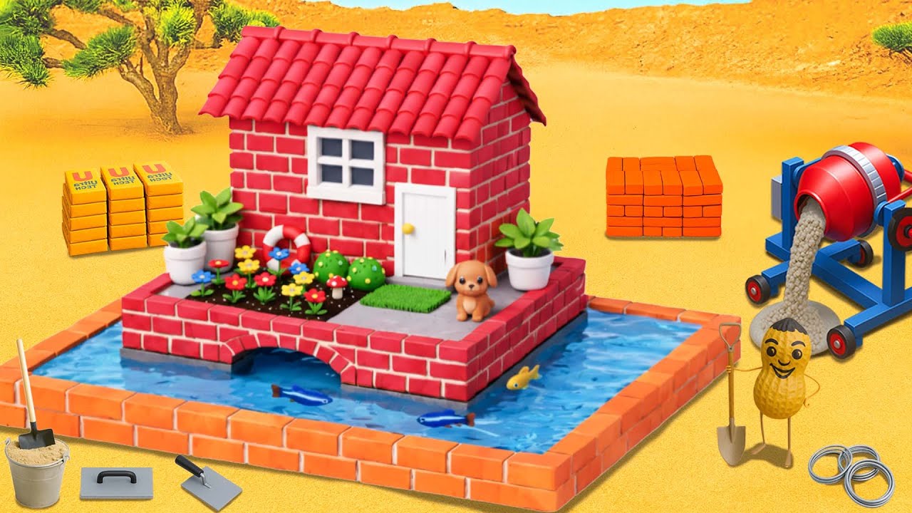 DIY Mini Brick House on Water Pool with Flower Garden | Mini Construction Project