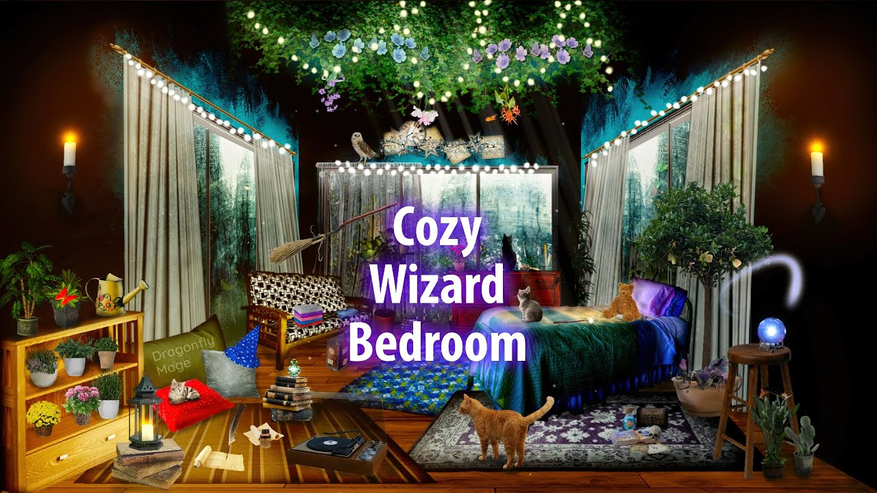 Cozy Wizard Bedroom 📜 ASMR Ambience (rain, purring, wind, writing)