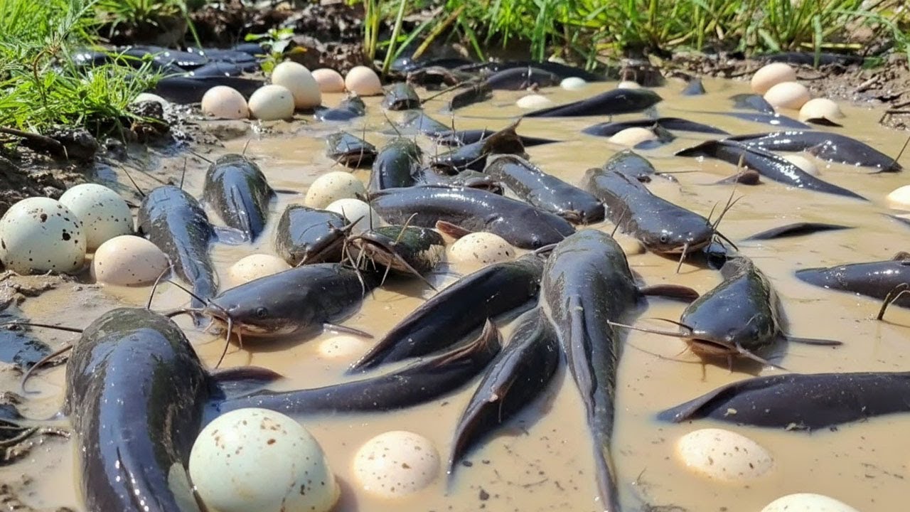 best hand fishing - catching a lot of fish and pick duck eggs at field by hand skill