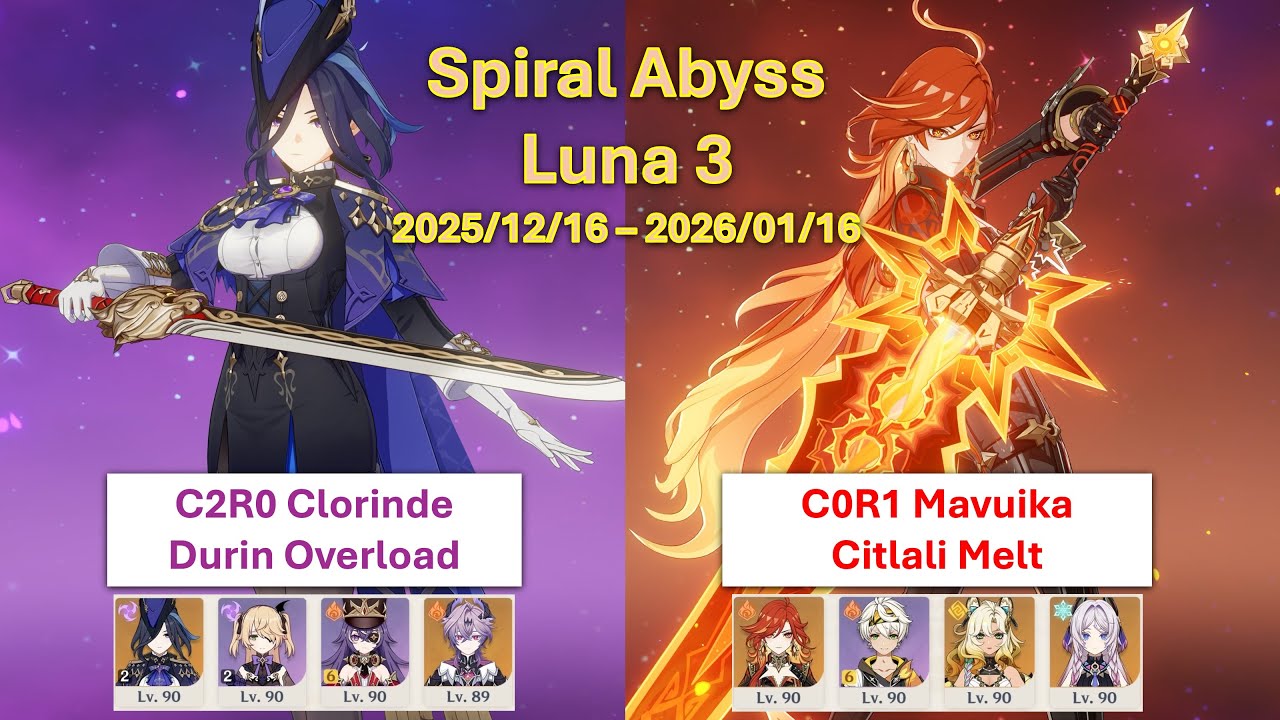 C2R0 Clorinde Durin Overload & C0R1 Mavuika Citlali Melt | Spiral Abyss Luna 3 Floor 12 F2P Showcase