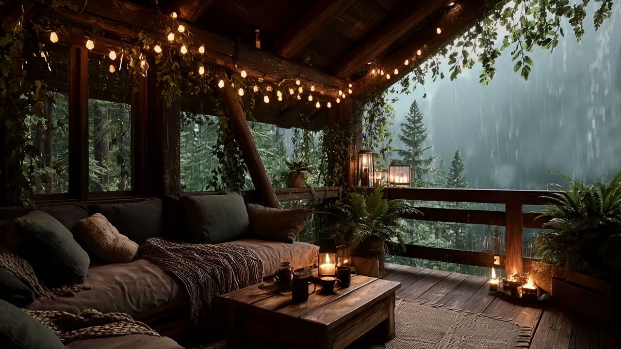 Quiet Rainfall Over the Forest from a Warm Winter Balcony with Candlelight ASMR