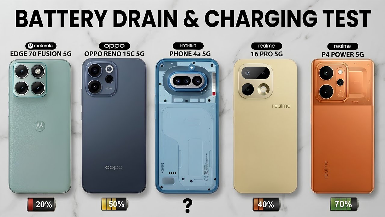 Nothing Phone 4a vs moto edge 70 fusion, P4 Power, 16 pro, Reno 15c Battery Drain & Charging Test