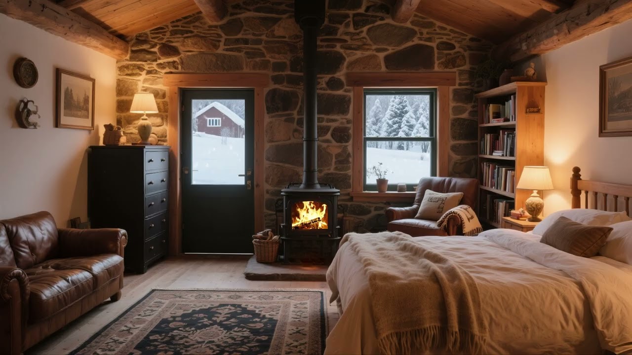 [White Noise] A warm and cozy one-person cabin | Fireplace burning wood + heavy snowfall