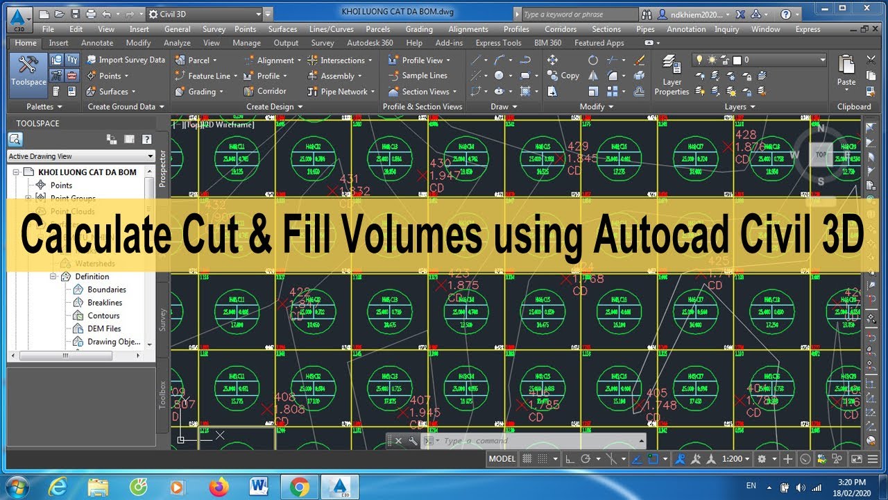 4. Calculate Cut & Fill Volumes using Autocad Civil 3D | Tính khối lượng san nền theo lưới ô vuông|