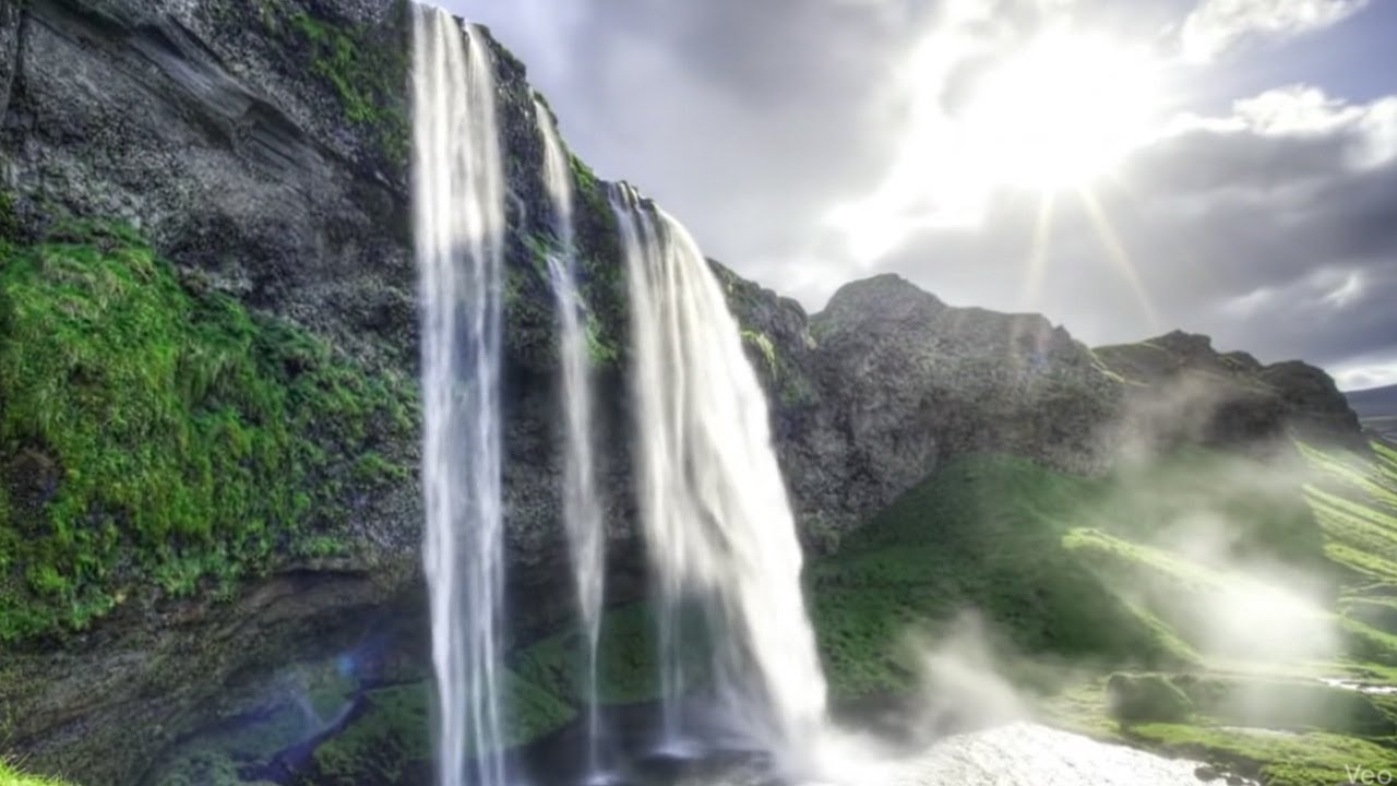 Peaceful Waterfall in Lush Green Mountains  Relaxing Nature View