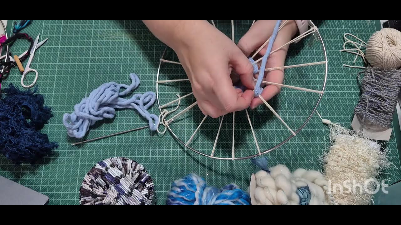Part 2 - STORMY SKY Circle Hoop Weaving - adding textured yarns like cotton cord and chunky yarn