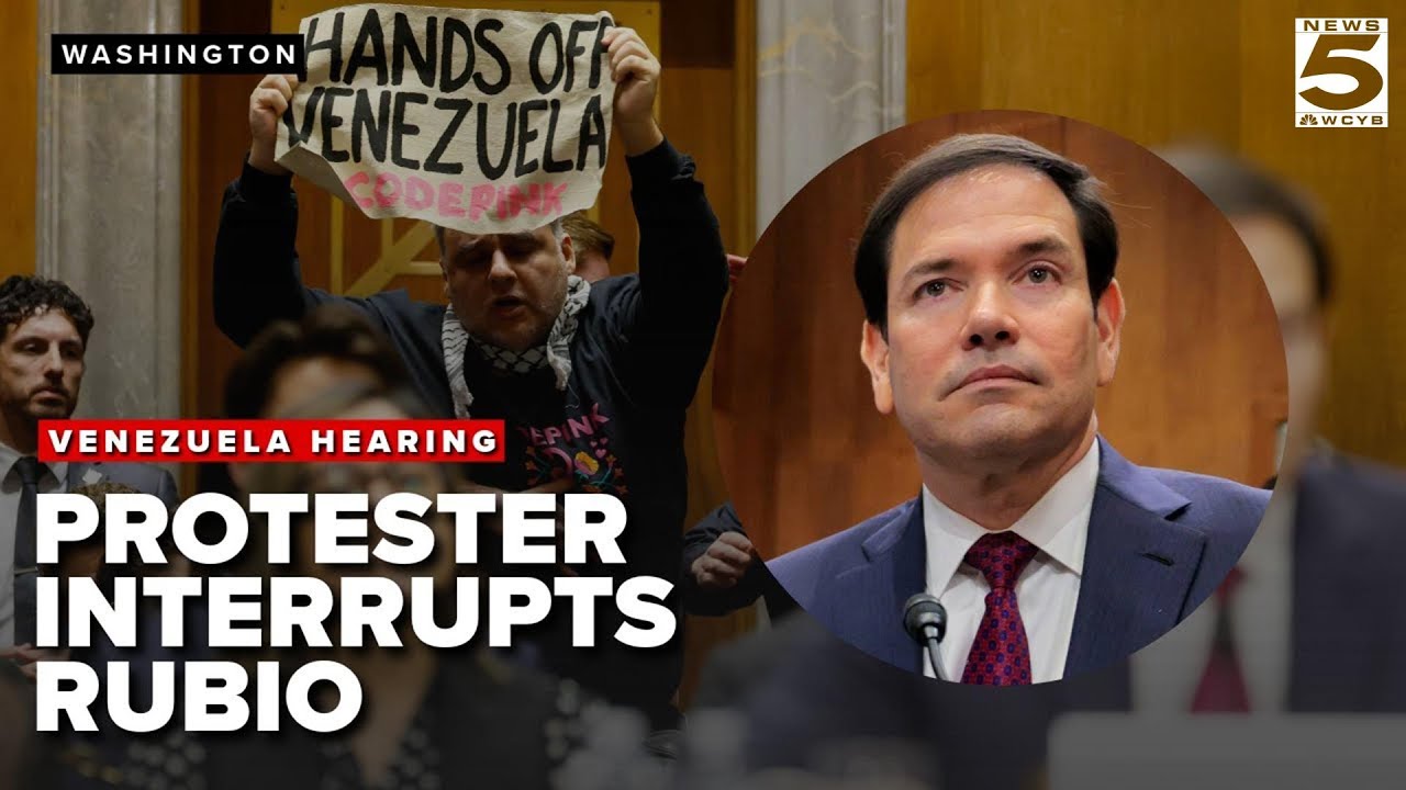 Protester interrupts Sec  Marco Rubio's explanation of Venezuela operation next steps