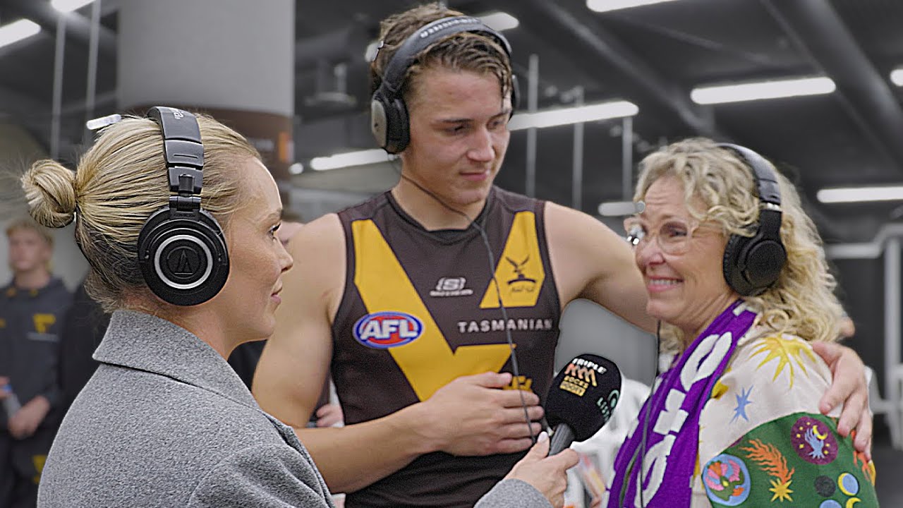 Calsher Dear + Mum Cherie Join Abbey For An Emotional Chat After His First Game | Triple M Footy