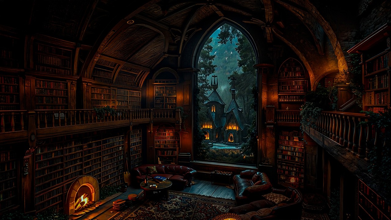 Silent Night in a Hidden Forest Library by the Fire | Dark Academia Rain Ambience for Writing & Calm