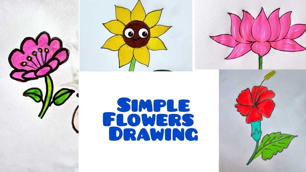 How to Draw 4 Simple Flowers Step-by-Step for BeginnersEasy  Tutorial | Sunflower, Lotus, Hibiscus  