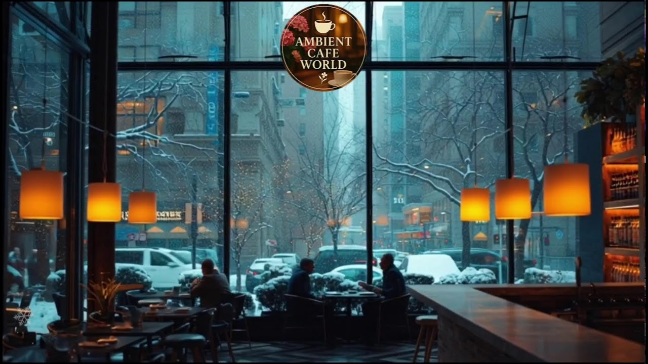 🔴 Soft Winter Jazz Music & Snowfall for Studying ⛄ Outdoor Coffee Shop Ambience with Warm Jazz Music