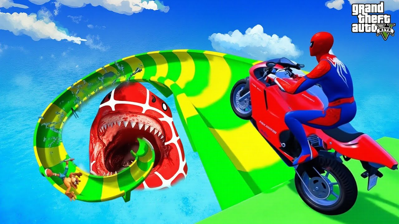 الأبطال الخارقين على القضبان دوامة قمع جسر 🐱‍SPIDER MAN!on Motorcycle in Spiral Bridge Stunt Rid