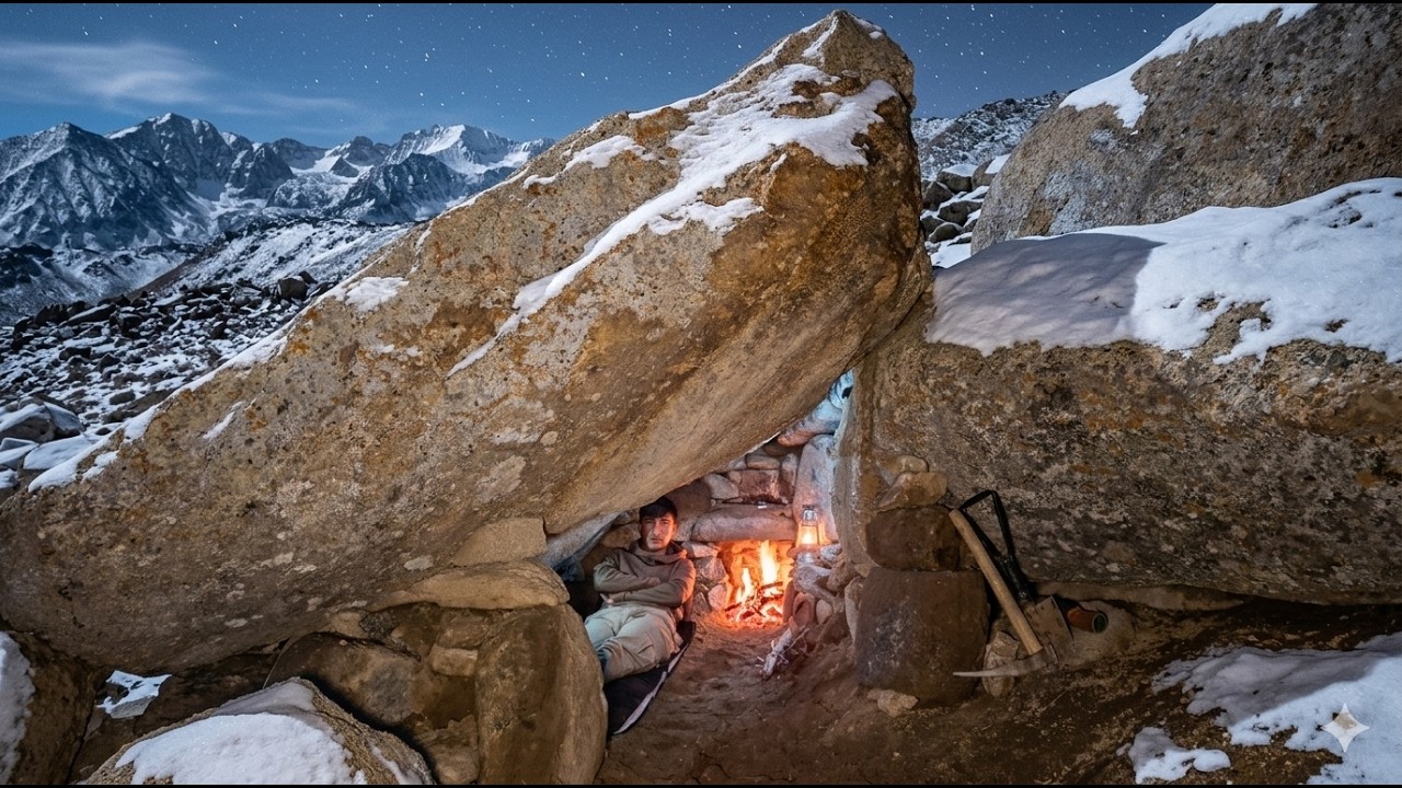 Building a survival rock shelter: camping alone in the wild.