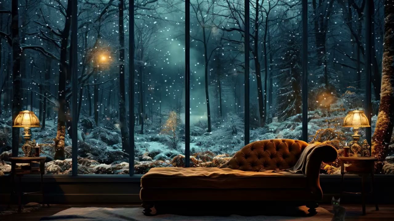 Winter Serenity Through Glass Walls and Snowfall in the Forest with Calming Music