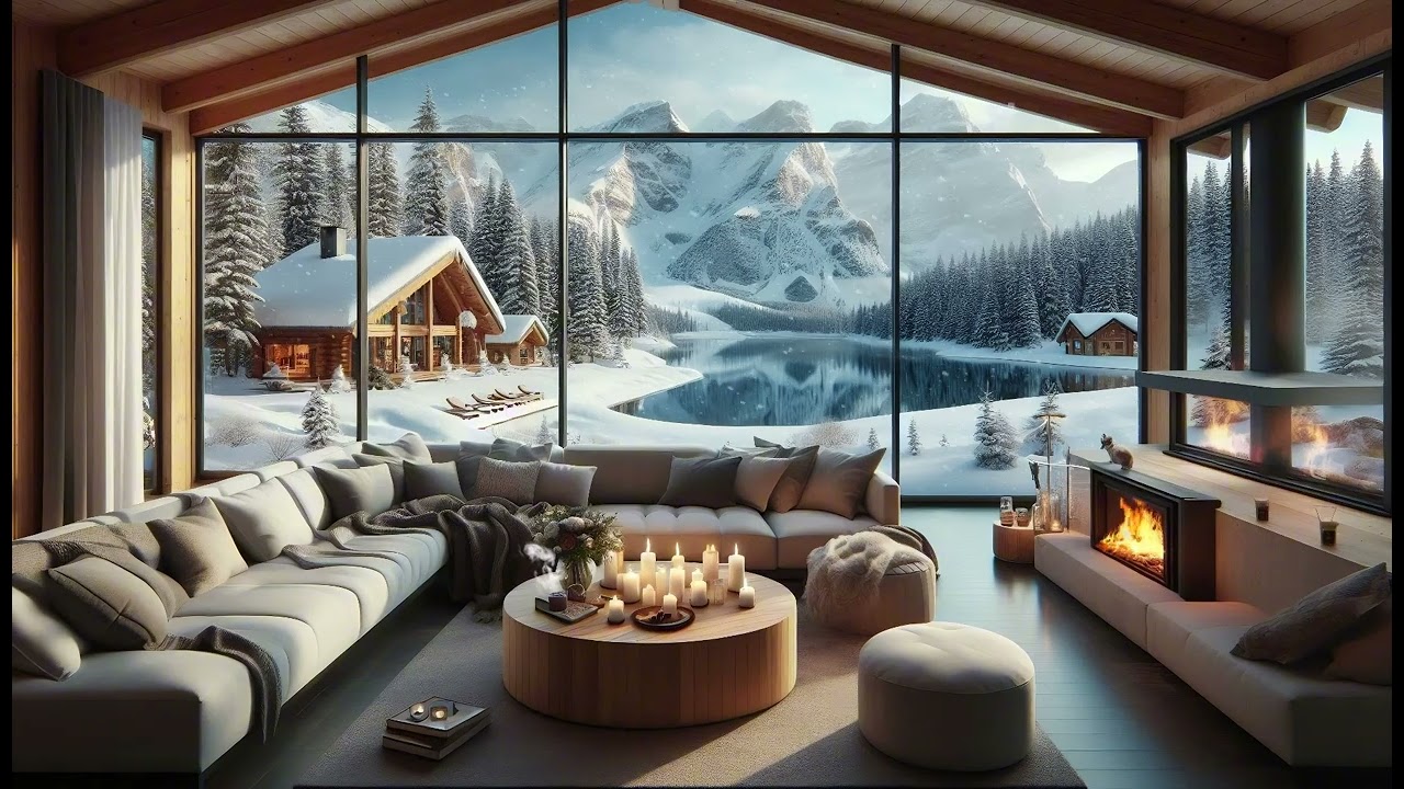 Warm Mountain Terrace Winter Ambience ❄️ Smooth Jazz, Crackling Fireplace & Snowfall for Relaxation⛄