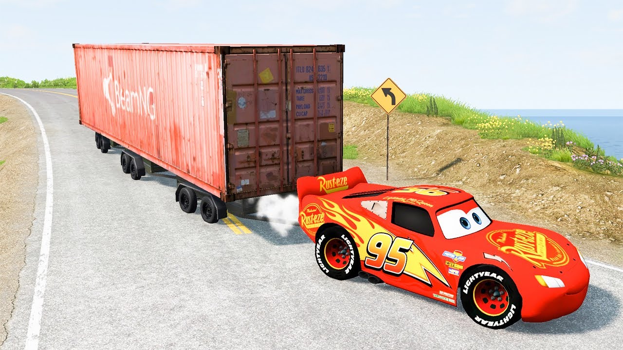 Lightning Mcqueen Cars Vs Container Bridge with flatbed trailer truck trap #02 ~ BeamNG Drive