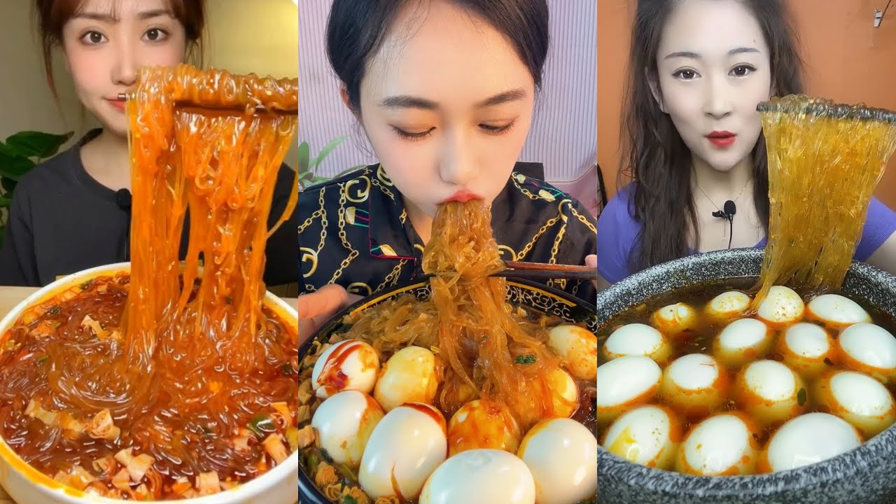 ASMR Chinese Food Eating Glass Noodles + Boiled EGGS (chewying) With Sauce Mukbang