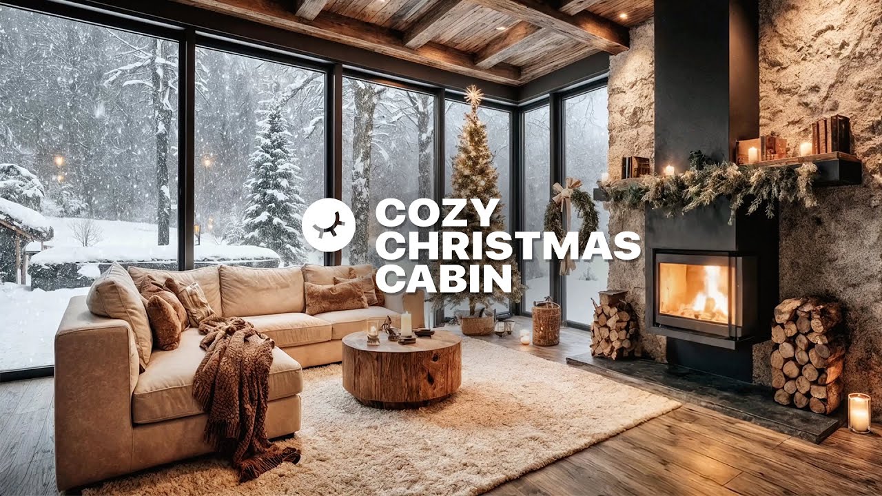4K Cozy Christmas Cabin in Snowstorm ❄️ 3 Hours Fireplace Ambience & Relaxing Winter Music