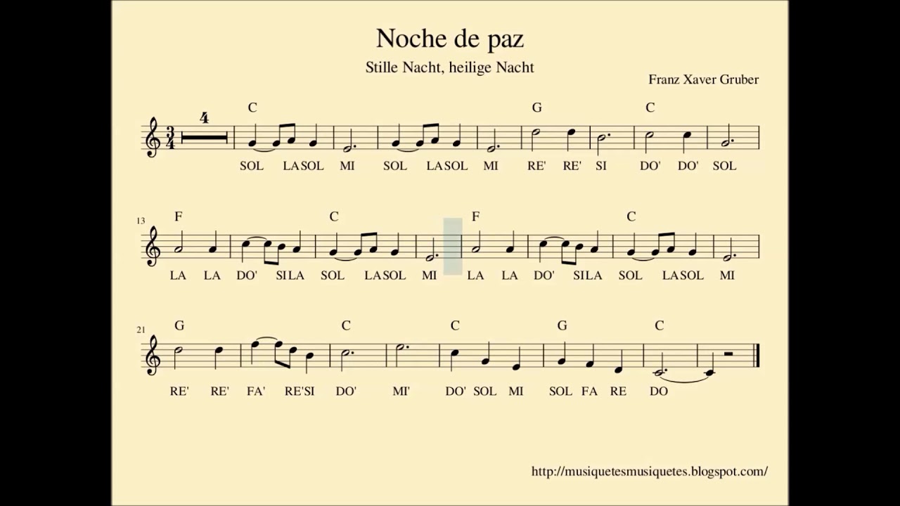 Noche de paz. Partitura flauta, violín, SI melodía. Stille Nacht, heilige Nacht. Silent Night