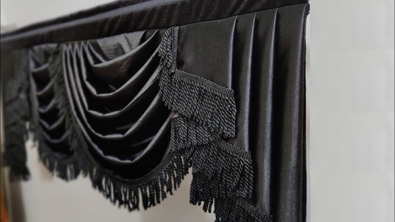 Custom black swag valances | window valance idea - black stage curtains with black fringe