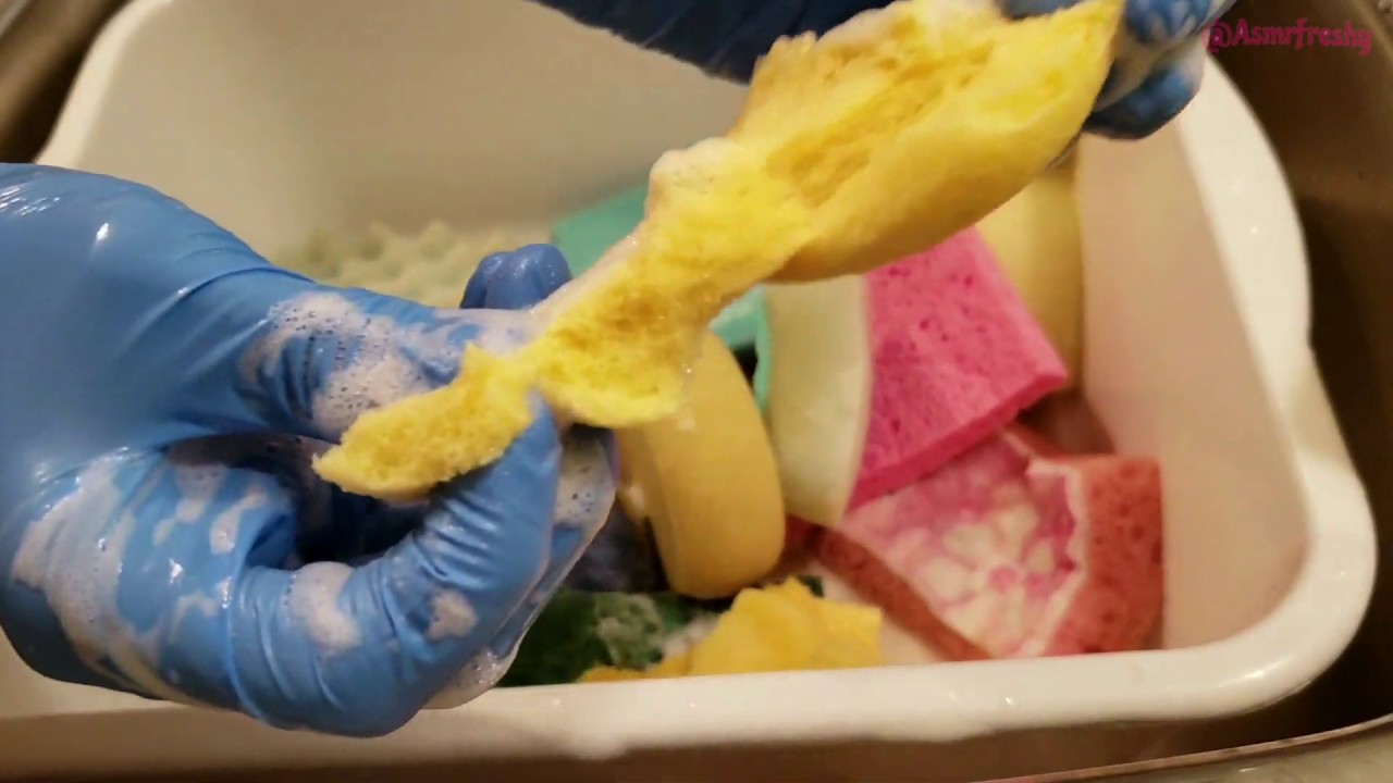ASMR - Ripping old bleached sponges in Dettol