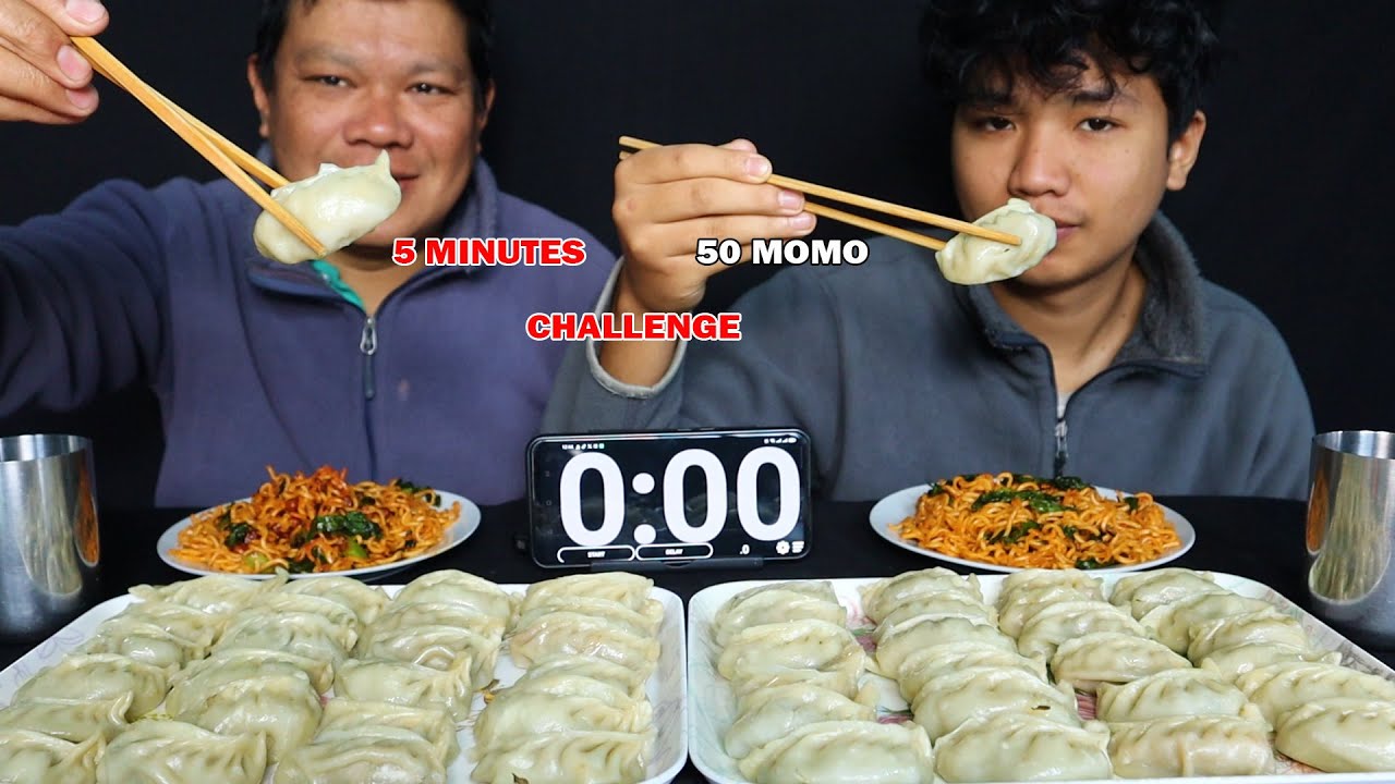50 CHICKEN MOMO EATING CHALLENGE 🥟 IN 5 MINUTES WITH SPICY NOODLES 🌶🥵 @tham_thapa