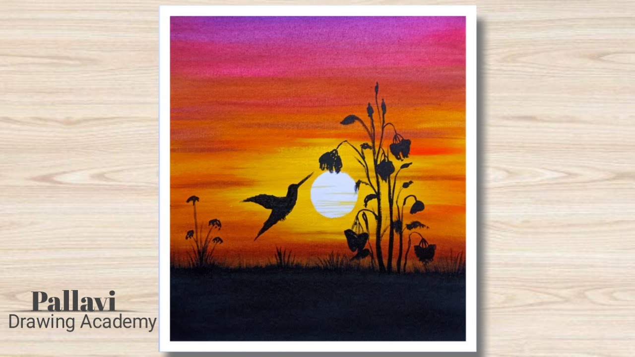 How to draw beautiful and easy sunset painting with Hummingbird || Pallavi Drawing Academy ||