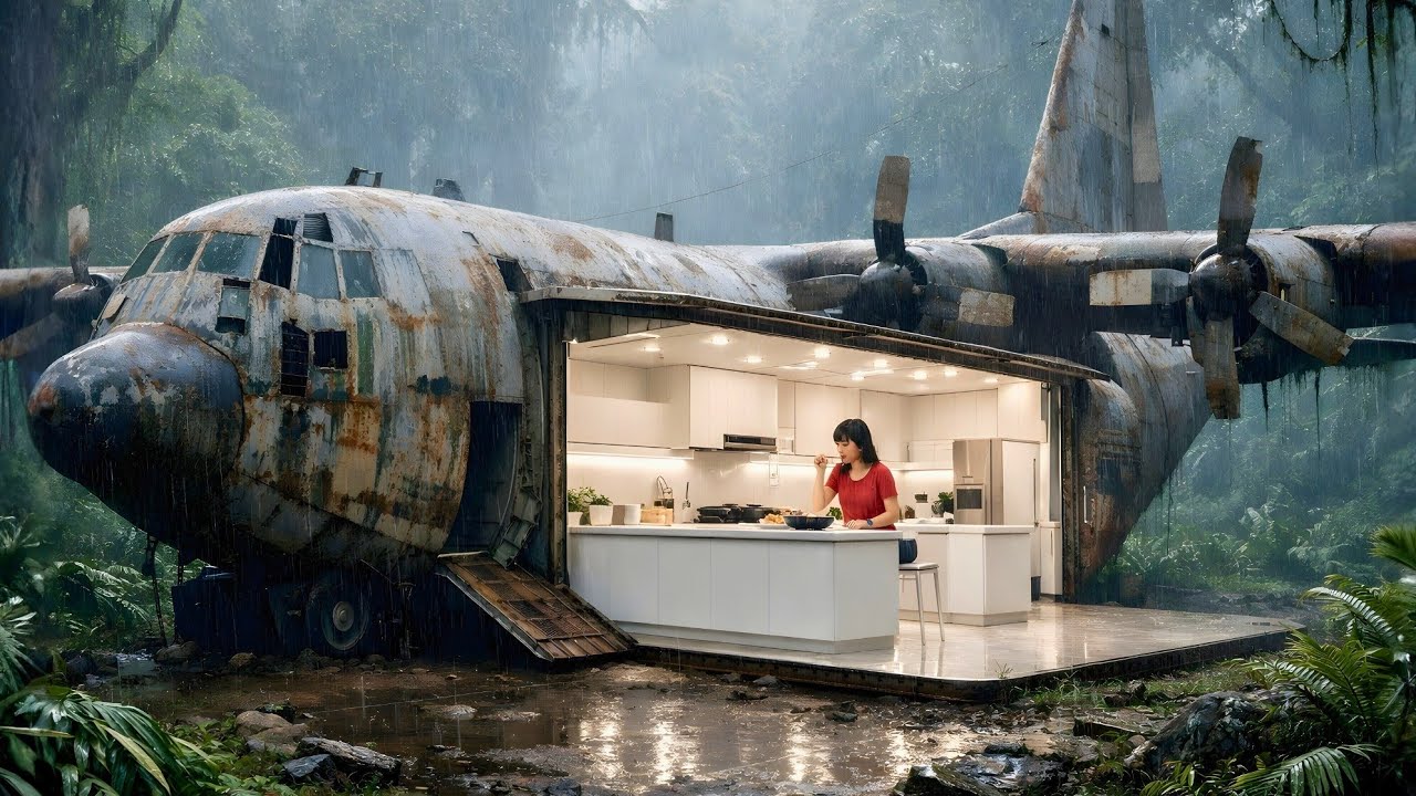 Built a Stark-White Luxury Kitchen Inside an Abandoned C-130 Plane — Rainy Jungle ASMR