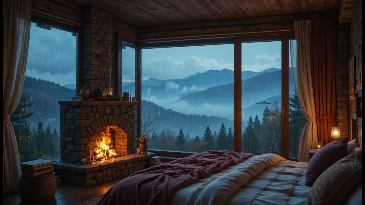 Dark Rainy Night Fireplace ASMR 🔥🌧️ | Calm & Cozy Sleep