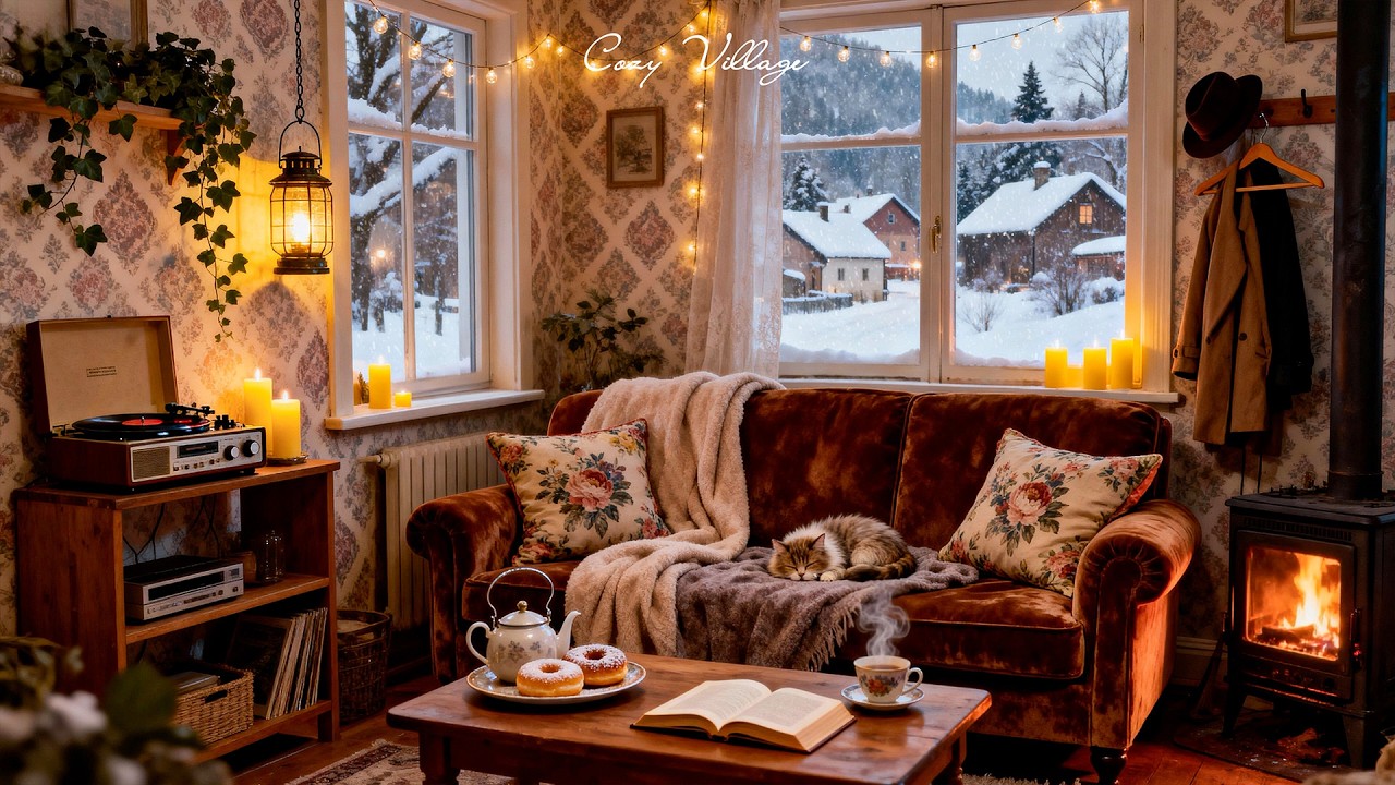 Relaxing Snowfall Morning Cozy Village 1940s Vintage Jazz | Peaceful Ambience to Relax, Sleep, Study
