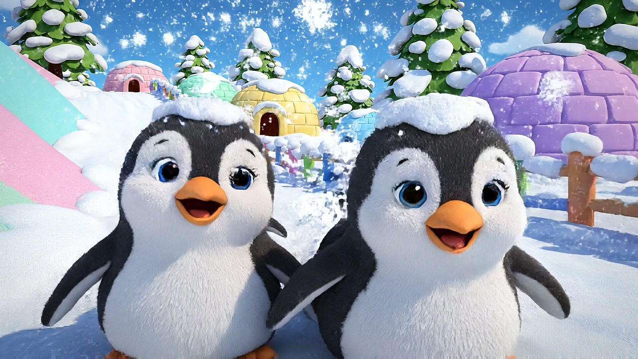 Tres Pequeños Pingüinos de Juguete en el Tobogán | Canciones Infantiles y Diversión en la Nieve
