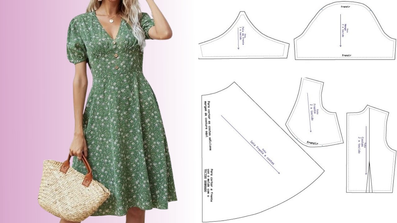 Molde em PDF de Vestido Evasê com Manga franzida(Wania Machado)