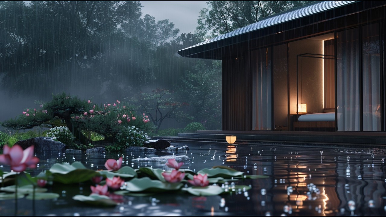 Steady Rainfall Over Still Lotus Lake 🌧️ Peaceful Night Ambience for Relaxation and Healing 🌸