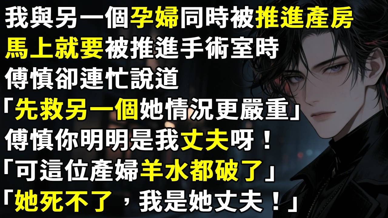 兩車相撞，我與另一個孕婦同時被推進產房。馬上就要被推進手術室時，傅慎卻連忙說道「先搶救另一個，她情況更嚴重！」傅慎你明明是我丈夫呀！「可這位產婦羊水都破了。」「她死不了，我可以籤免責協議。」#故事分享