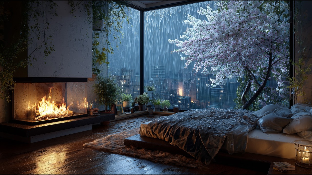 Rainy City Night Ambience with Warm Fireplace Sounds 3 Hours Sleep