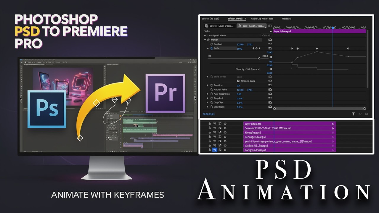 Как отредактировать PSD-файл Photoshop в Premiere Pro и добавить покадровую анимацию шаг за шагом.