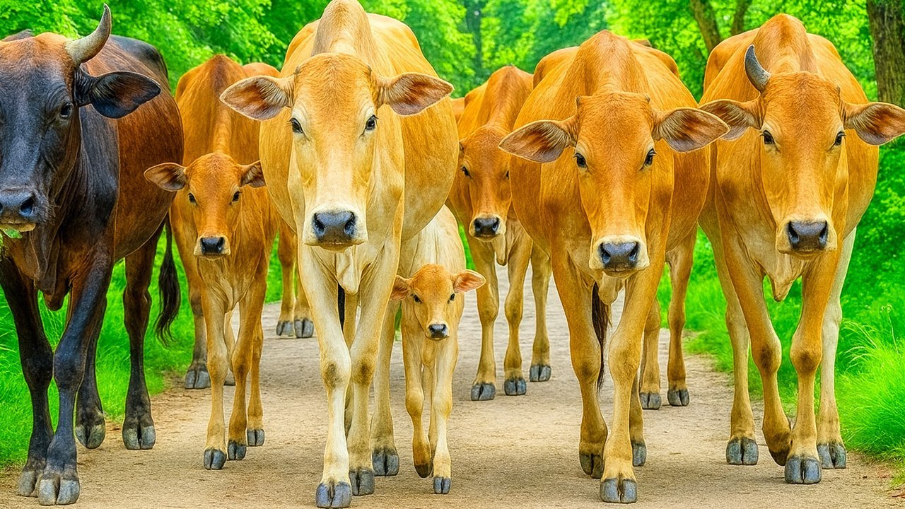 Kerumunan Sapi Lembu Ternak Berada di ladang hijau, Suara Sapi Moo, Sapi Lucu menikmati rumputan