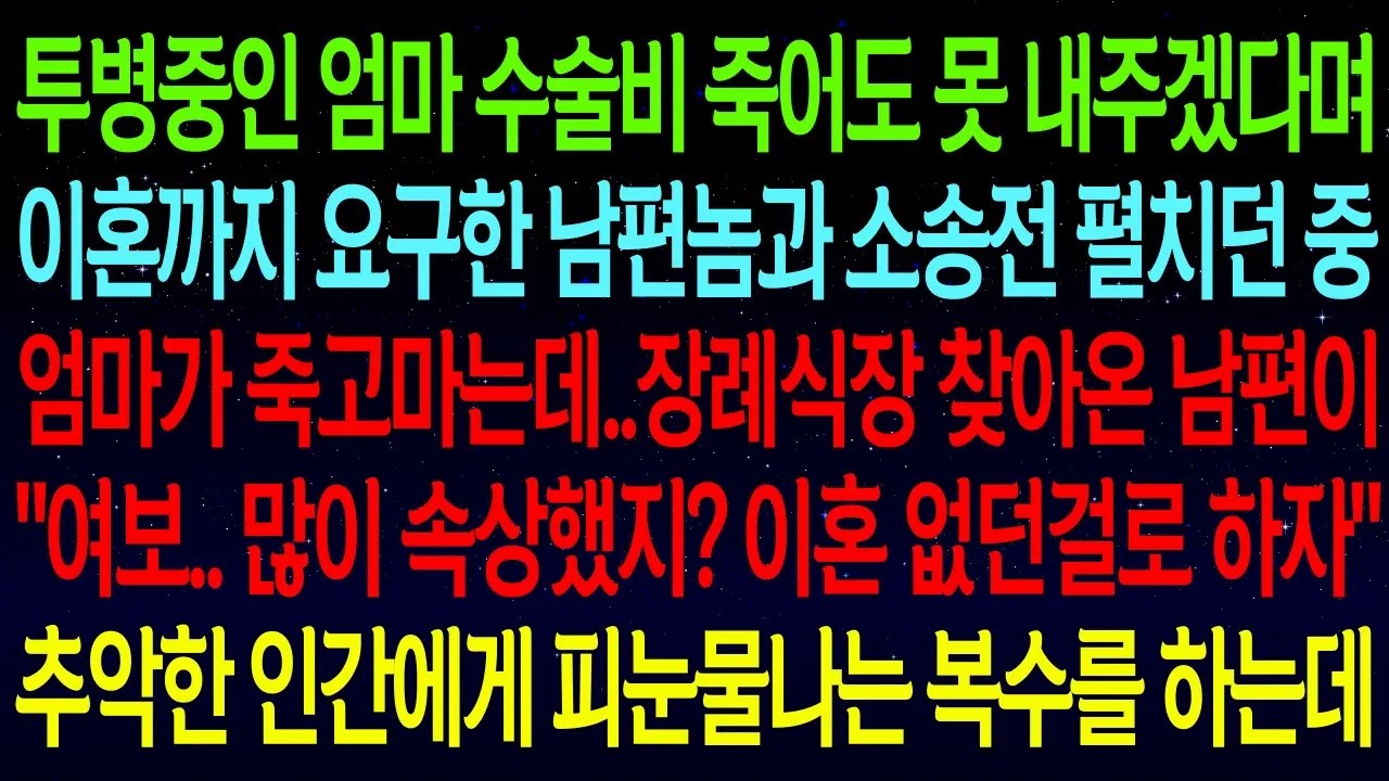 투병중인 엄마 수술비 죽어도 못 내주겠다며 이혼까지 요구한 남편놈과 소송전 펼치던 중 엄마가 죽고마는데..장례식장 찾아온 남편이 