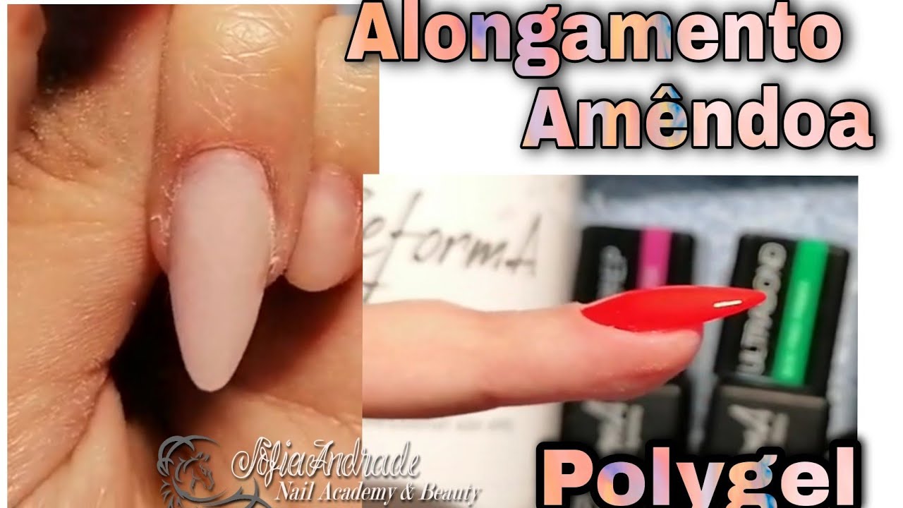 Alongamento Polygel formato amendoa nail extension almond shape in acrylic gel