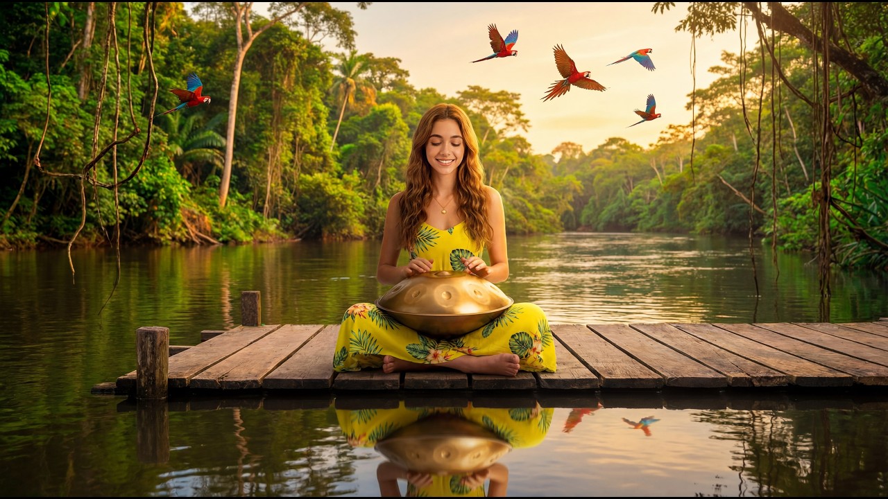 🦜 Rainforest Rain & Relaxation | 1 Hour Handpan & Acoustic Guitar | Amazon River Brazil