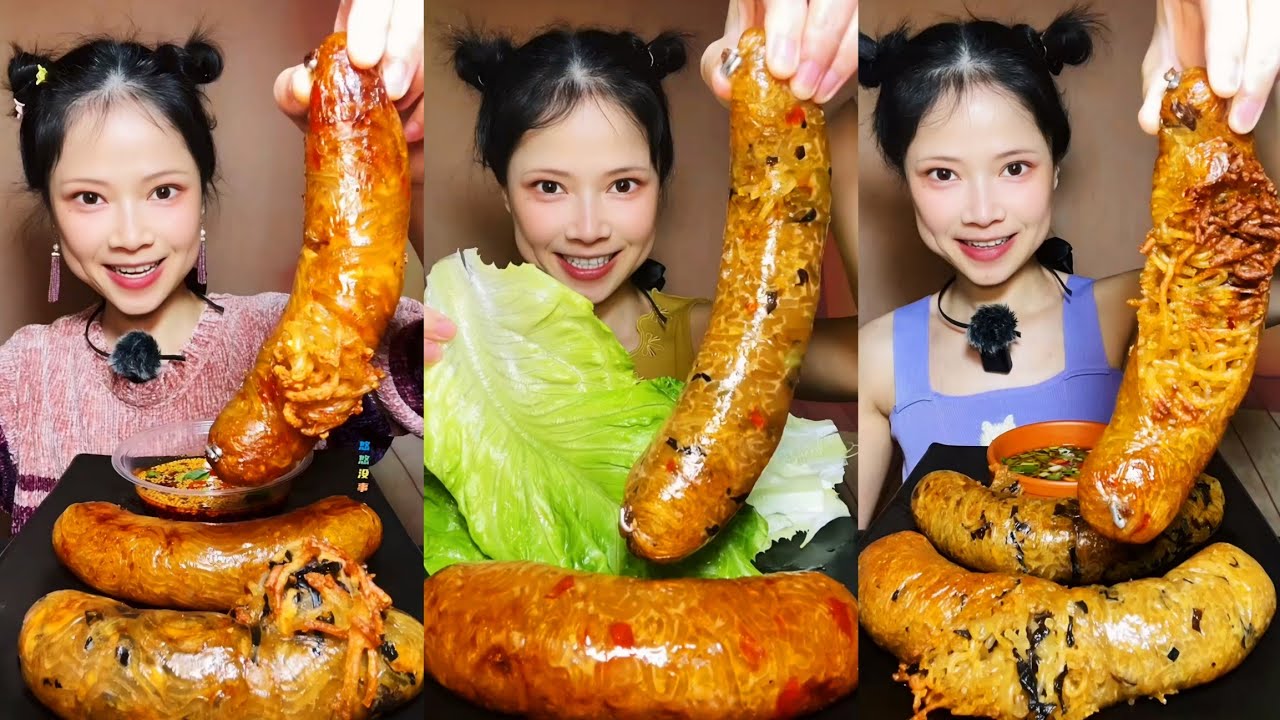 ASMR | chinese spicy rice noodle rolls with vegetable sausage | mukbang spicy food eating show