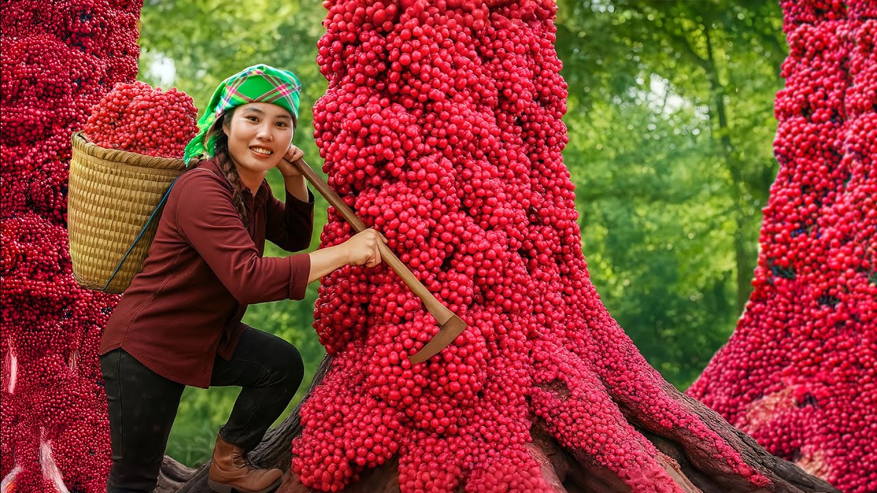 Harvesting 1000+ wild forest berries to sell at the market, cooking a giant fried fish for my family