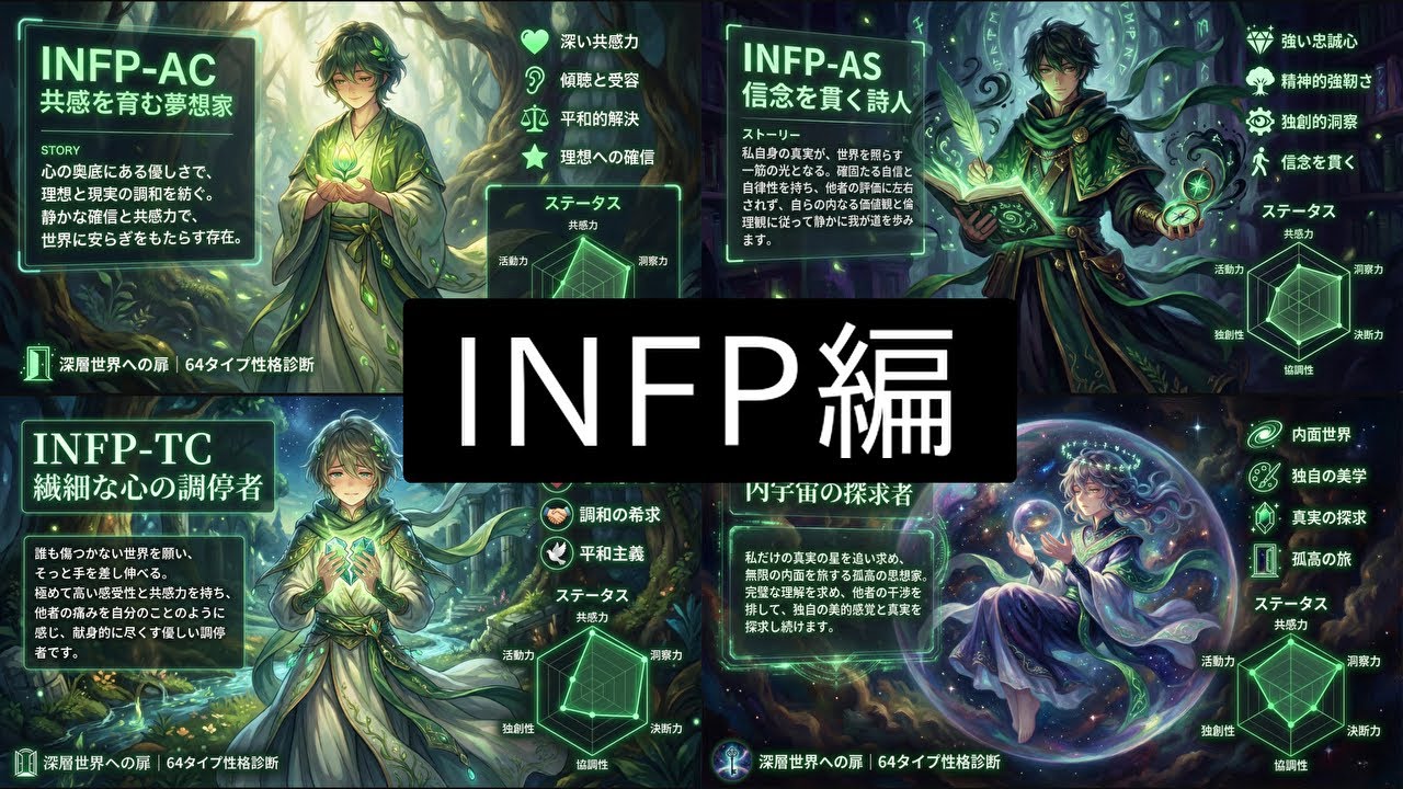 INFP AC・AS・TC・TSの性格の違いをステータスから考察【64タイプ性格診断】