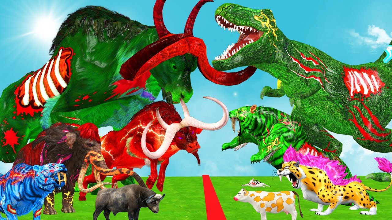 10 Woolly Mammoth Elephant vs 10 Giant Tiger vs T-Rex Zombie Attack Cow Saved by Woolly Mammoth