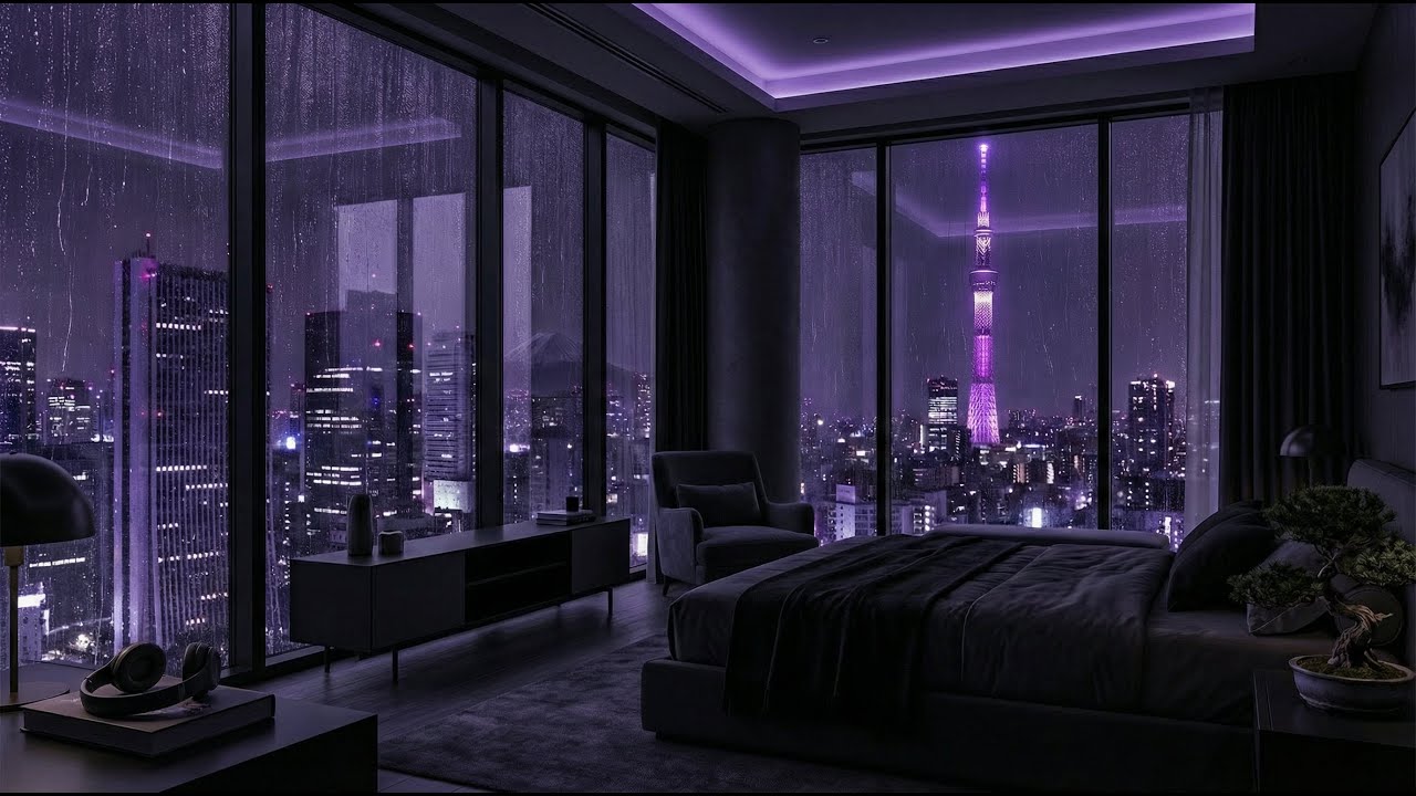 Skytree Penthouse Ambience 🌧️ Dark Rain & City Lights (4K)